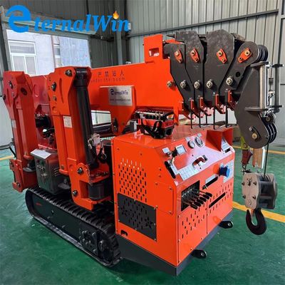 Máy cẩu cẩu nhện màu vàng với thép và ống kính thiên văn